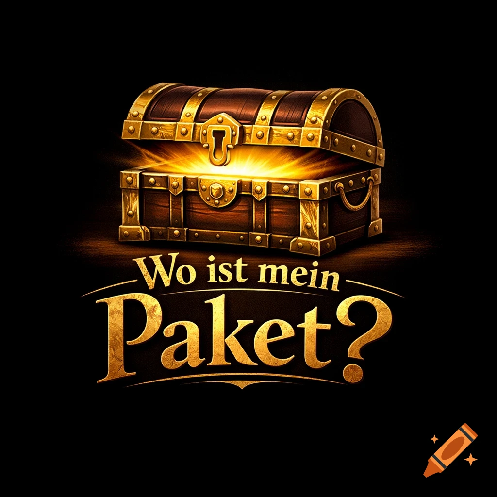 A glowing golden treasure chest with a keyhole, above the text 'Wo ist mein Paket?' (Where is my package?), set against a dark background.