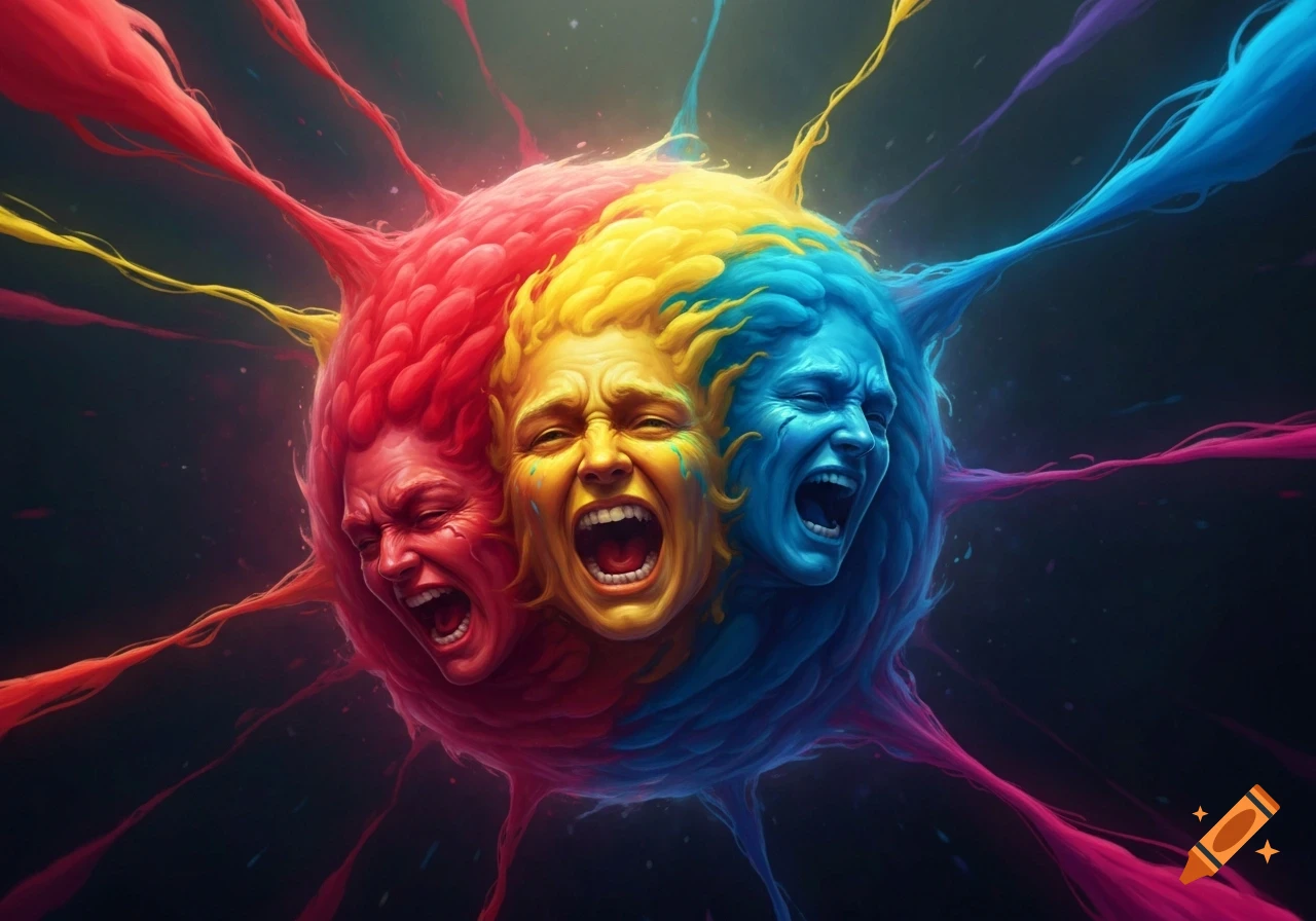 A vibrant abstract image of a sphere formed by three screaming faces (red, yellow, blue) with colorful tendrils.