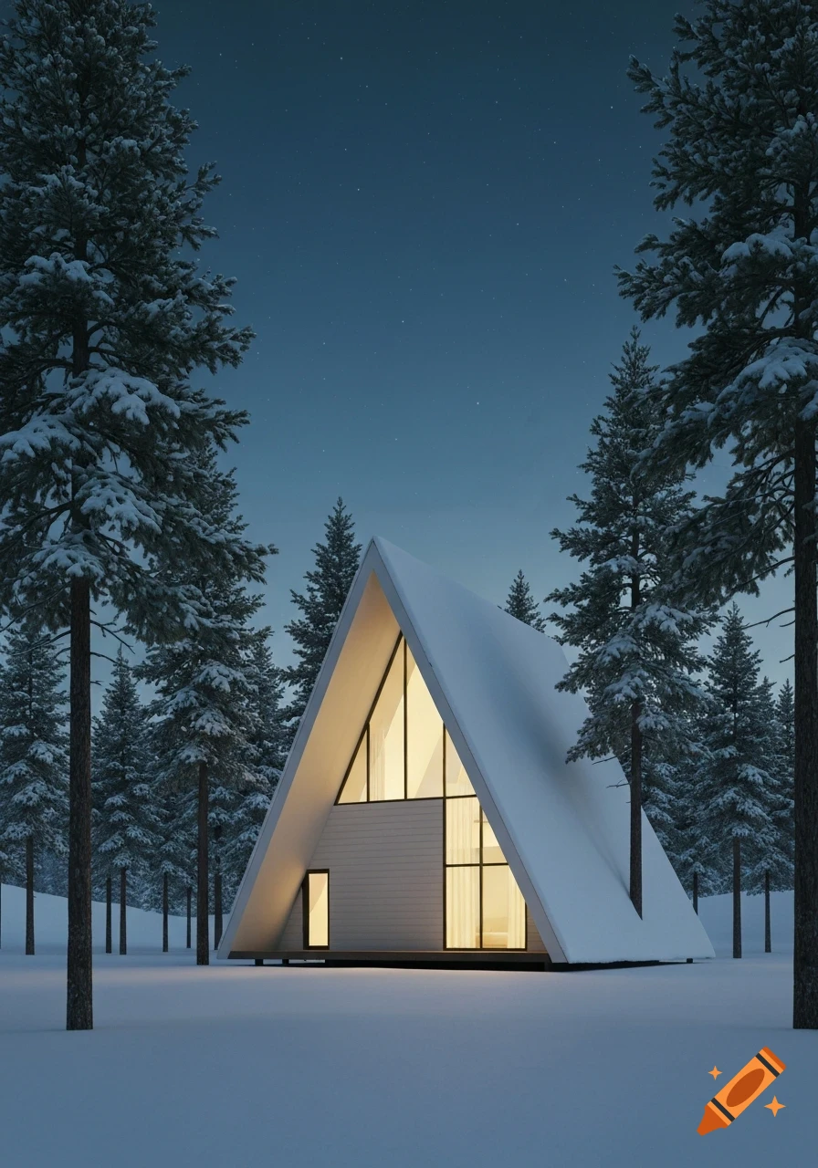 Modern A-frame house with glowing windows nestled in a snowy forest ...