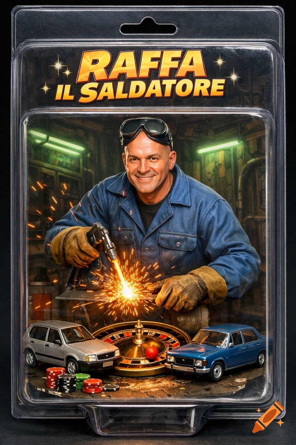 Smiling welder in action figure packaging, welding with sparks; includes retro cars, roulette, and poker chips in a workshop.