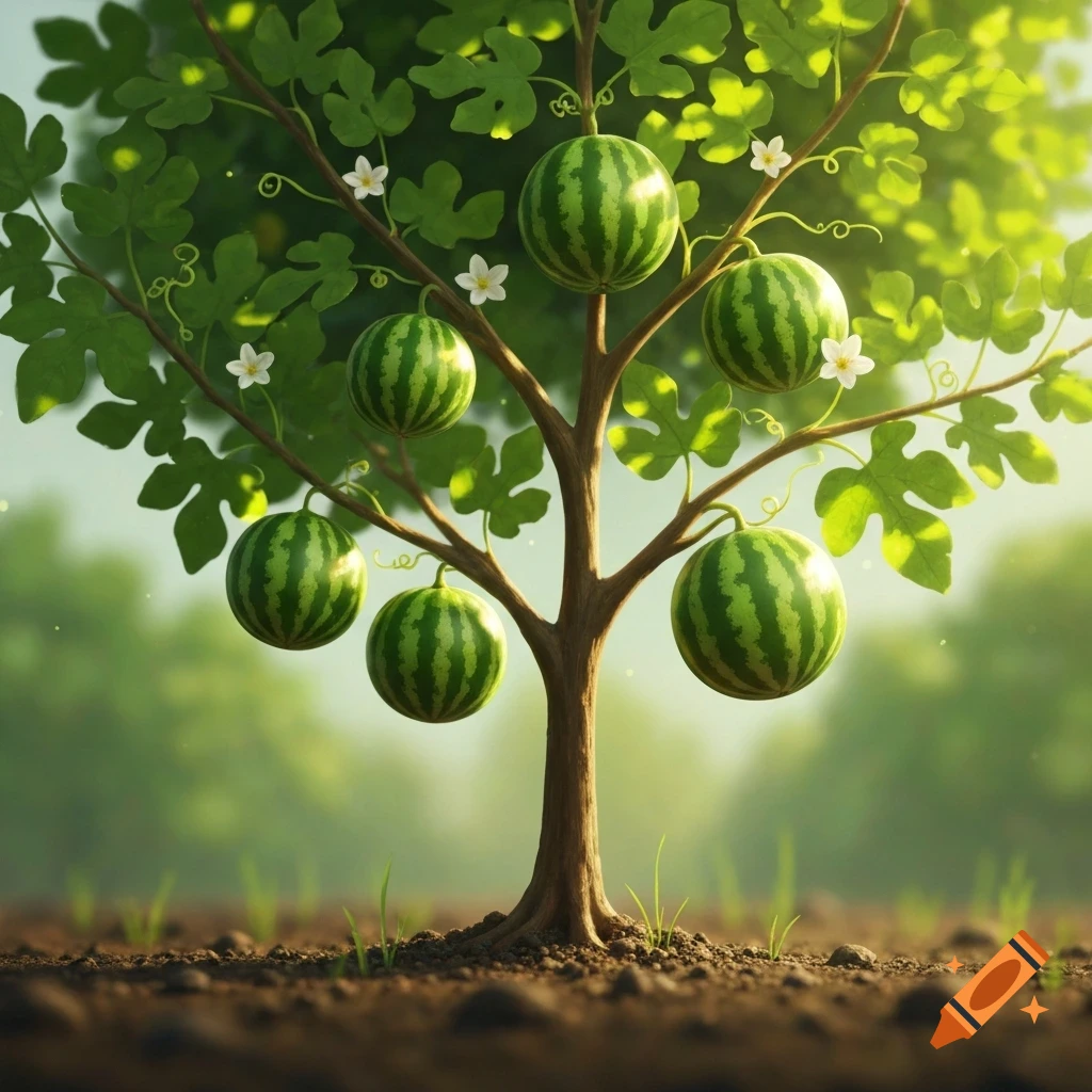 Green striped watermelons grow on the branches of a small tree with white flowers and green leaves in a sunlit field.