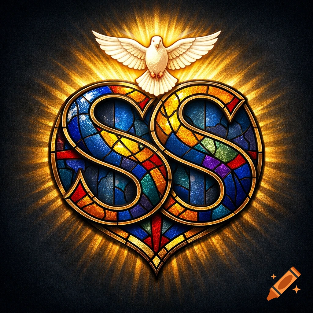 A sacred Christian emblem of two interlocking stained glass 'S' letters, with a glowing white dove above, on a dark background.
