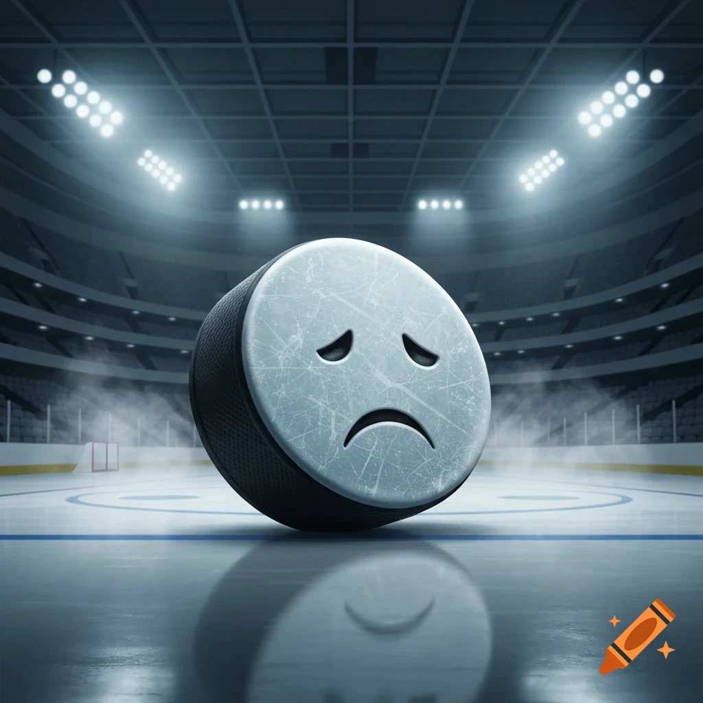 A large, textured hockey puck with a sad emoji face sits on a reflective ice rink in a brightly lit, empty arena.