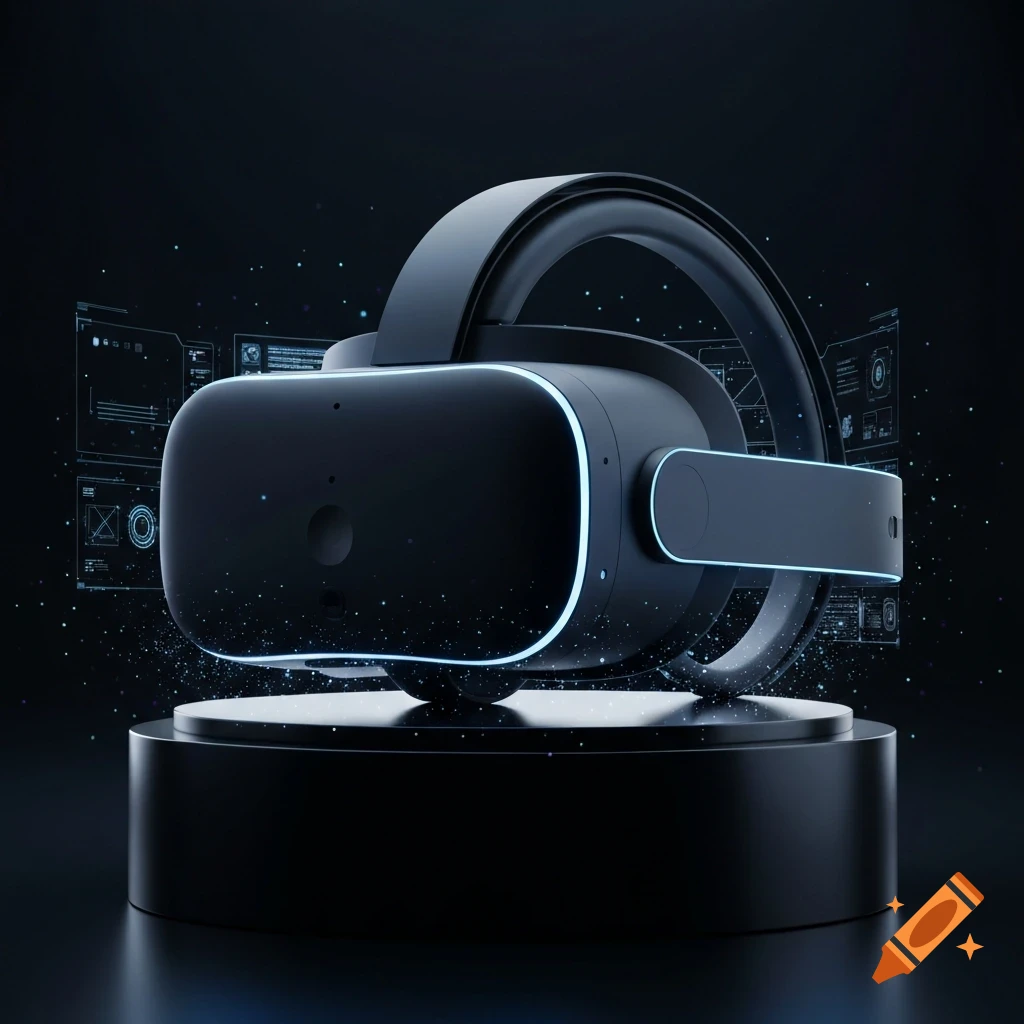 A sleek black virtual reality headset with glowing blue accents sits on a dark stand, surrounded by ethereal digital schematics.