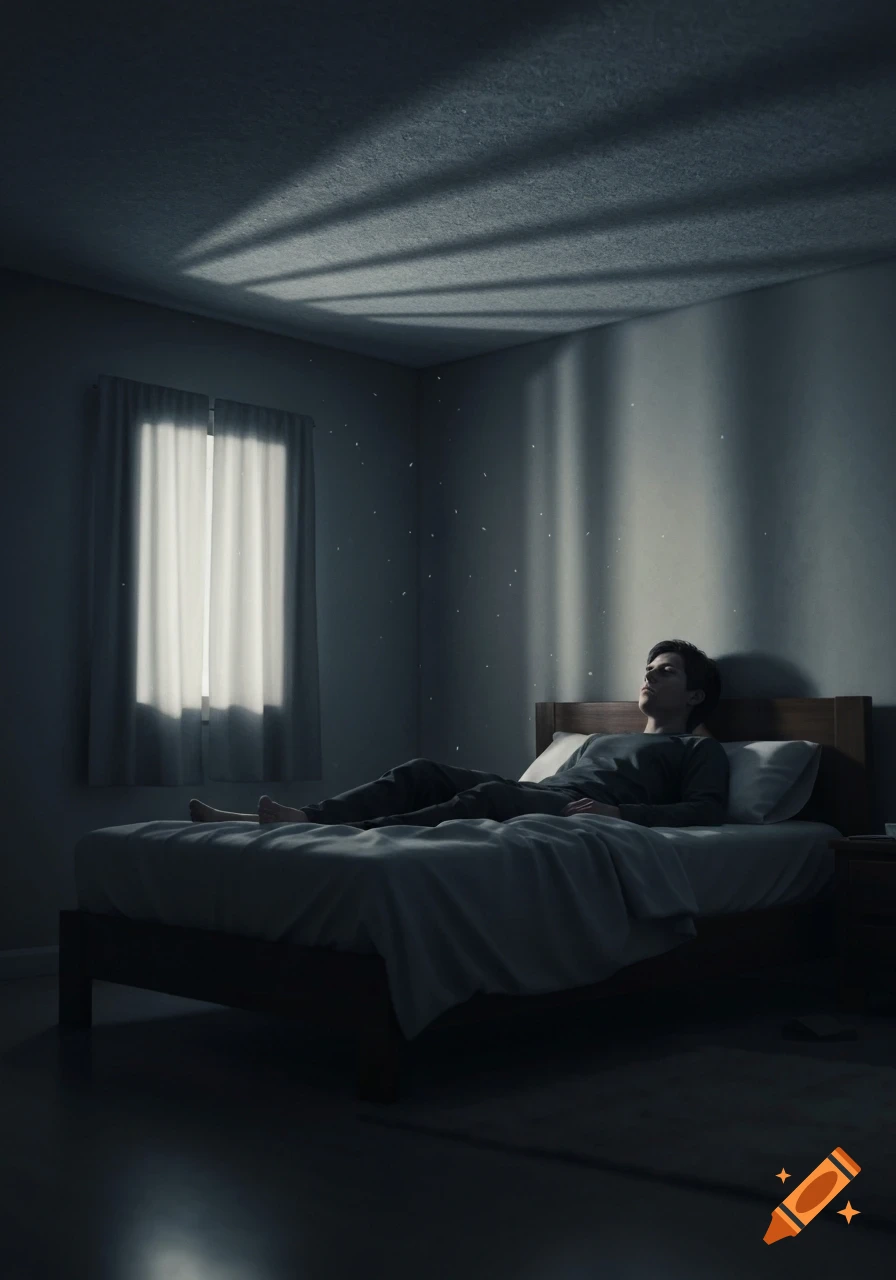 A person lies on a bed in a dark bedroom, illuminated by soft light from a window and ceiling shadows, in a realistic style.