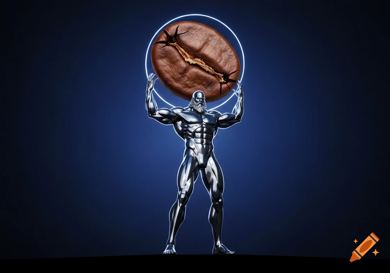 A muscular, metallic figure with a beard, resembling Atlas, holding a giant coffee bean with a glowing neon ring around it, on a dark blue background.