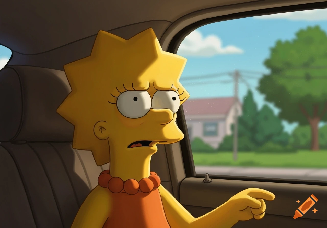Lisa Simpson in a car backseat, looking distressed and pointing a finger, in an animated style.
