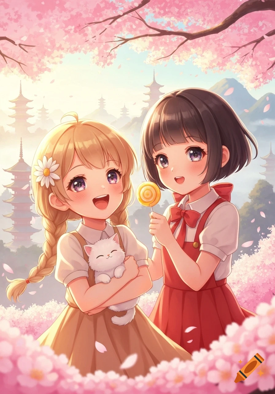 Two cheerful anime girls, one holding a white cat and the other a lollipop, stand under pink cherry blossoms with pagodas in the background.