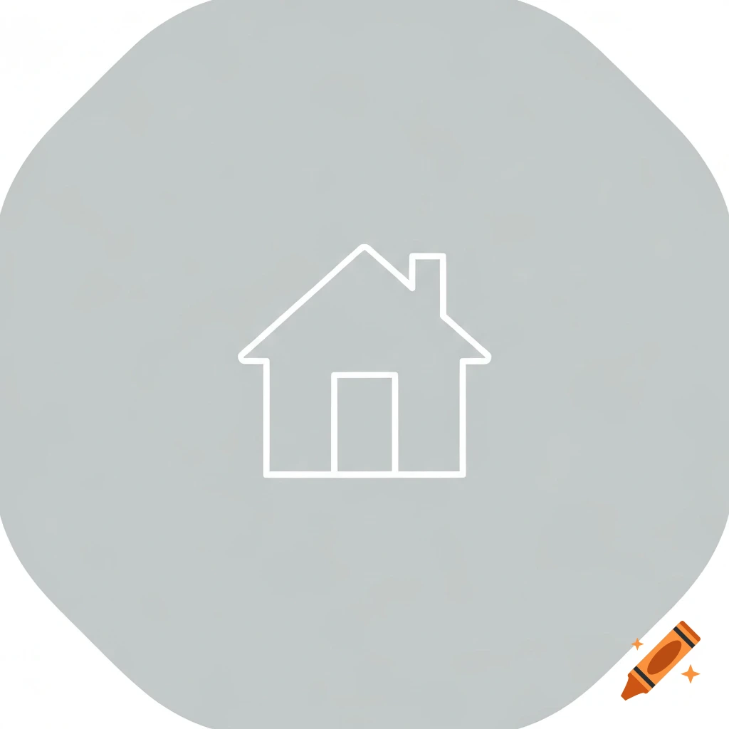 A minimalist white line art house icon with a chimney and a door, centered on a calm gray, subtly textured, rounded background.