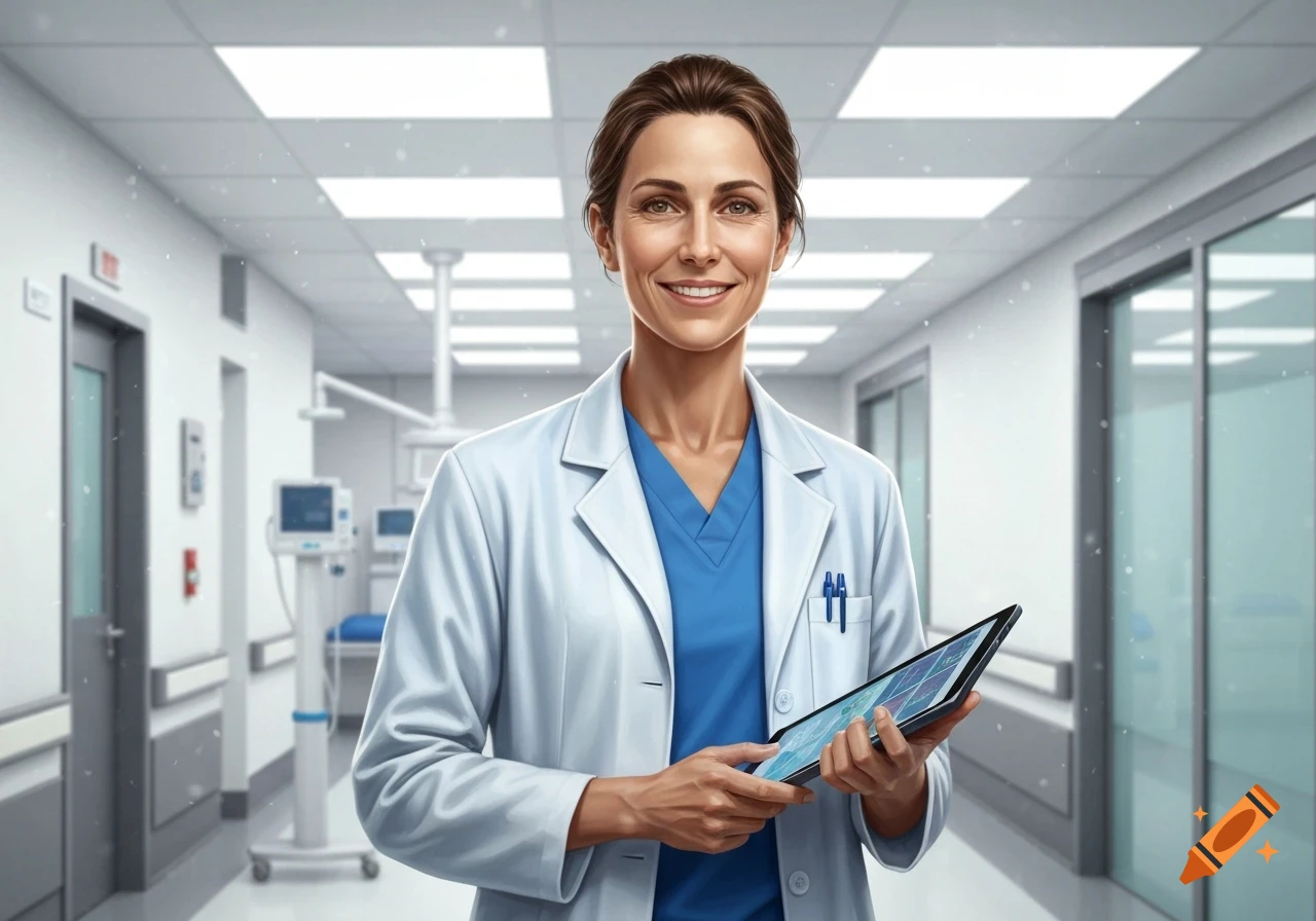 A smiling female doctor in a white lab coat and blue scrubs holds a tablet in a well-lit hospital corridor.