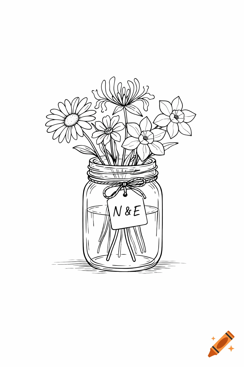 Line drawing of a daisy, honeysuckle, and narcissus flowers in a mason jar with a tag reading 'N & E'.