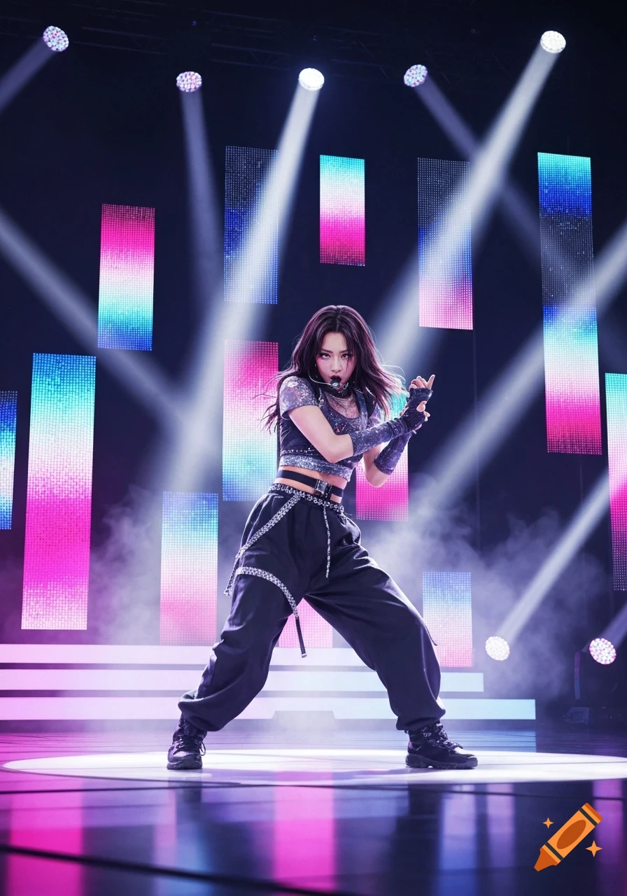 A K-pop dancer in dark streetwear and a glittery crop top poses on a stage with colorful LED screens and spotlights.