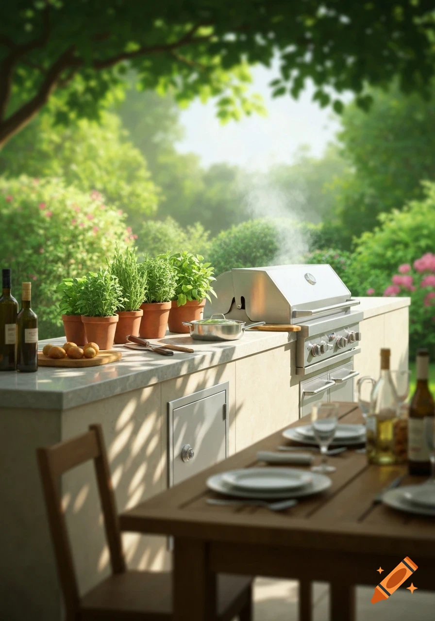 Photorealistic outdoor kitchen with a grill, potted herbs, wine bottles, and a set dining table in a lush garden.