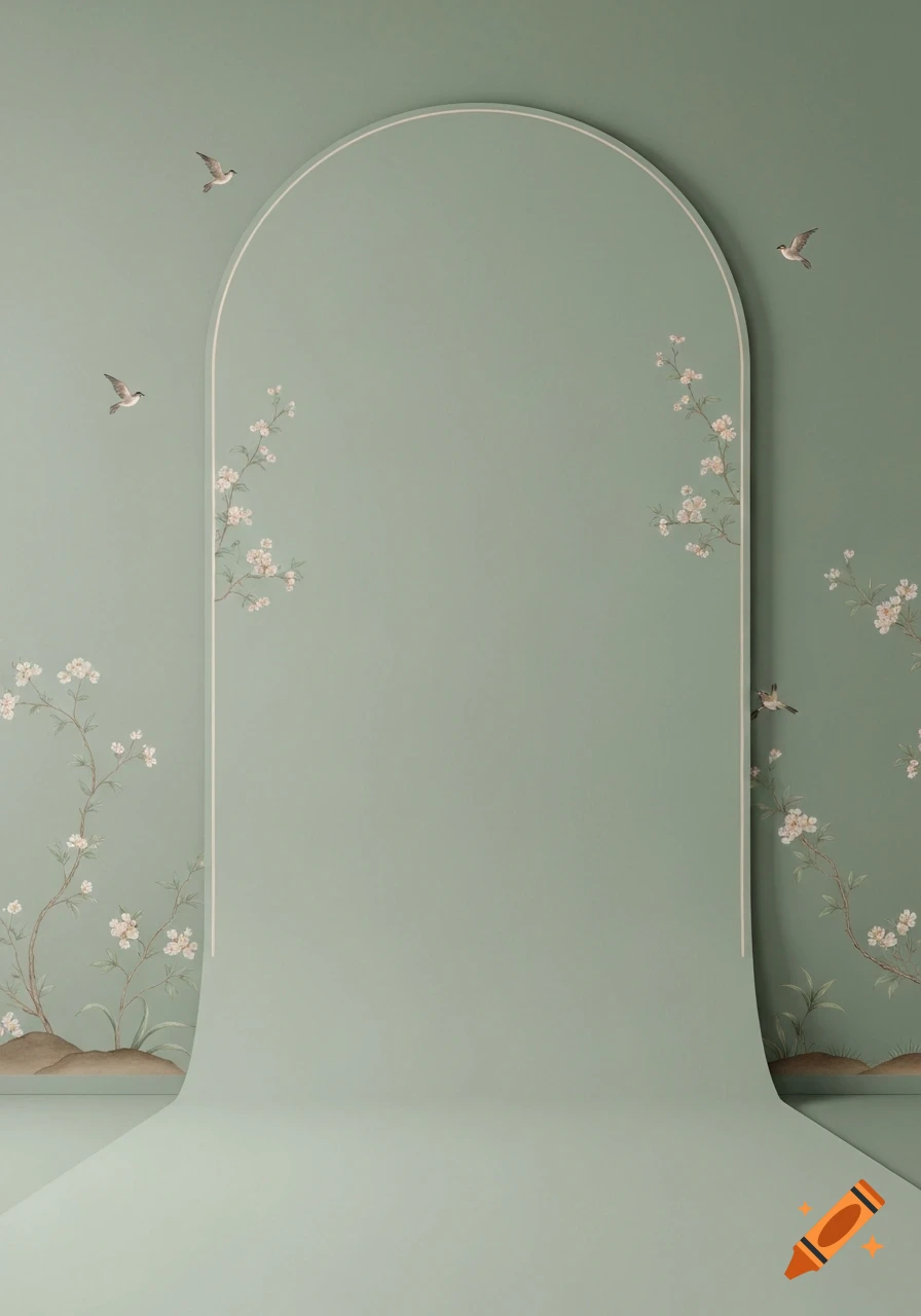 Sage green studio backdrop with an elegant arched outline and delicate chinoiserie-style floral and bird illustrations.