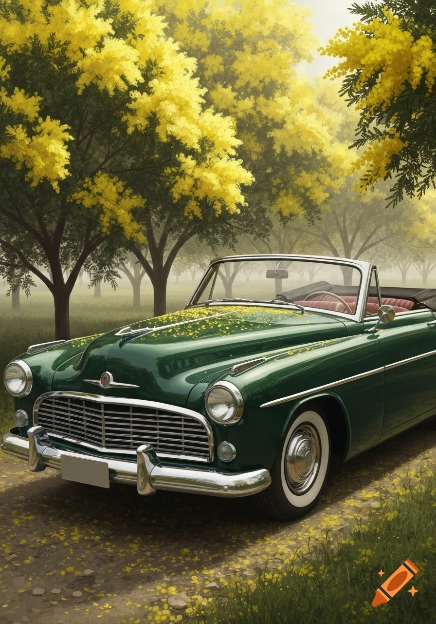 Green classic convertible car parked on a dirt path under yellow flowering mimosa trees in a hazy, natural setting.