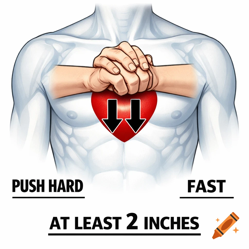 Illustration of a person's chest with hands pressing on a red heart, with text providing CPR instructions: 'PUSH HARD', 'FAST', 'AT LEAST 2 INCHES'.