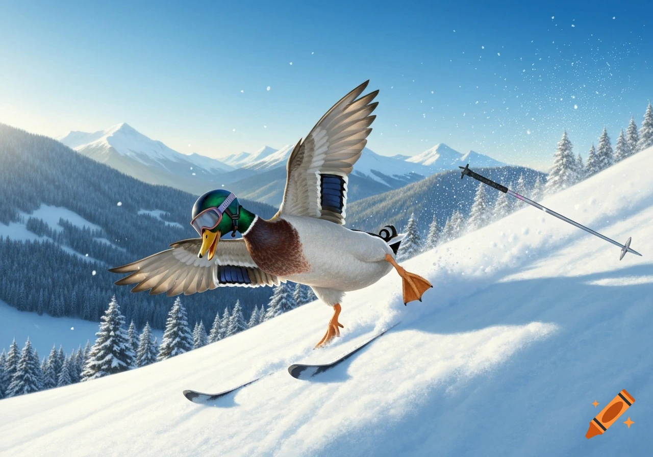 A mallard duck wearing a green helmet and goggles skis down a snowy mountain slope, with skis and a pole flying.