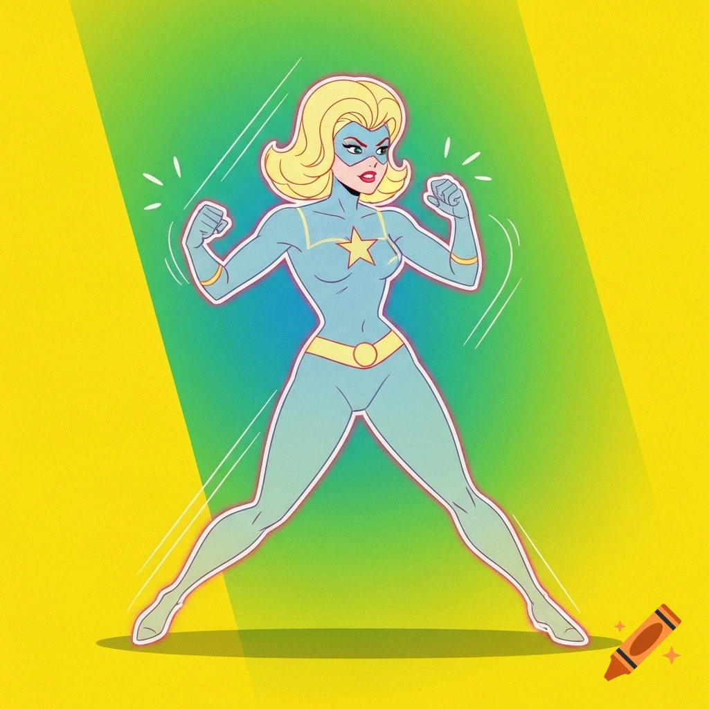 A retro cartoon style illustration of a female superhero with blonde hair, a blue mask, and a light blue suit with a yellow star and belt, striking a pose on a green and yellow background.