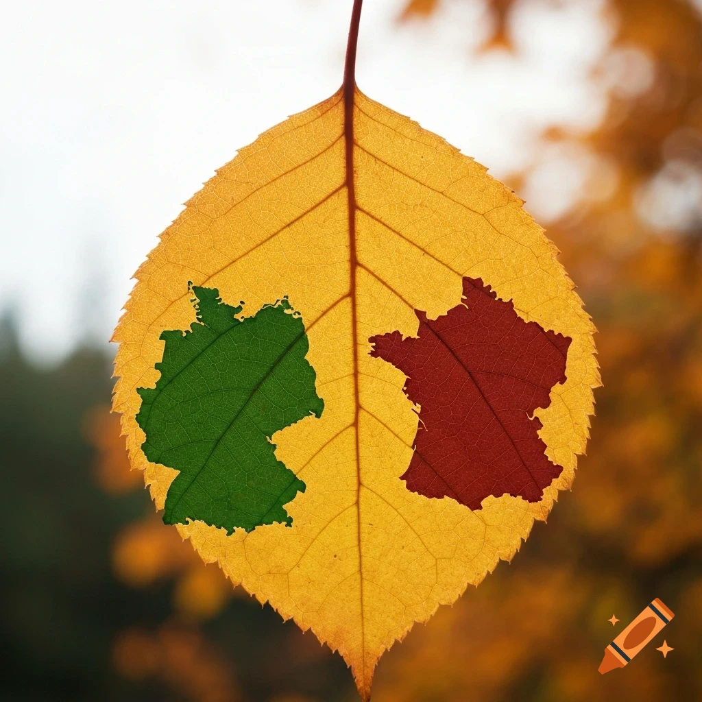 A close-up of a yellow autumn leaf featuring the green map outline of Germany on the left and the red map outline of France on the right.