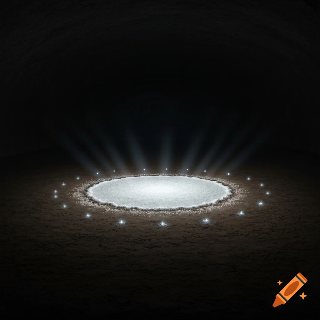 A white salt ring on a dark cave floor, illuminated by small glowing lights around its edge, creating a mysterious atmosphere.