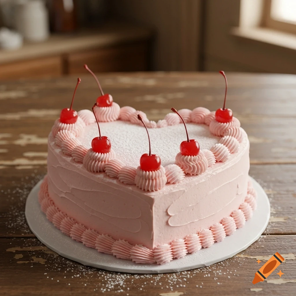 Pink heart-shaped cake with frosting and cherries on a wooden table, dusted with powdered sugar, photorealistic.