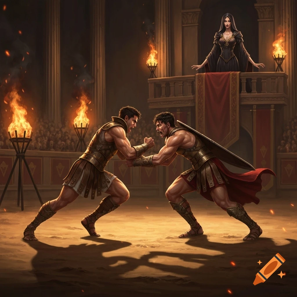 Two gladiators fight in a torchlit ancient Roman arena as a woman watches from a balcony, in a fantasy art style.