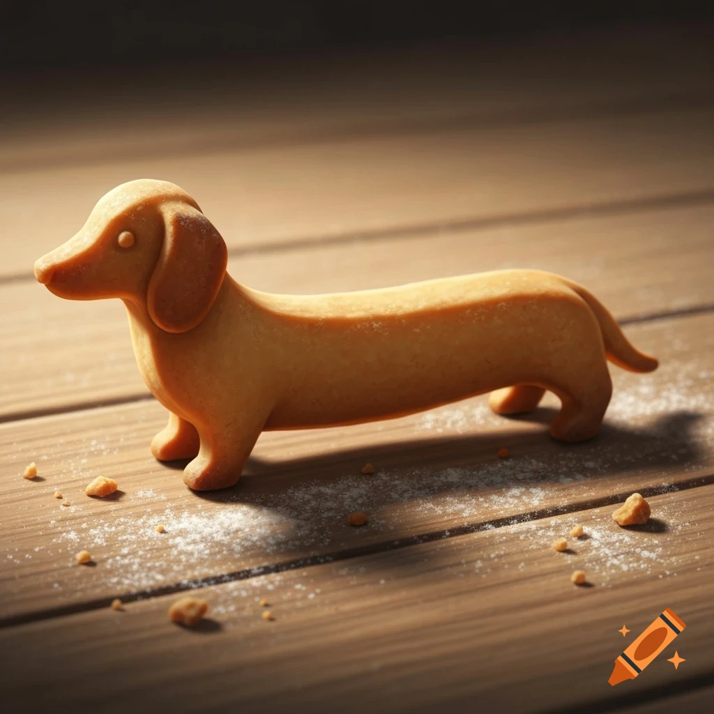 Photorealistic dachshund-shaped cookie on a wooden table with crumbs and powdered sugar.