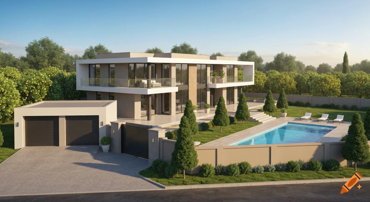 Photorealistic rendering of a luxurious modern two-story house with a large garage, swimming pool, garden, and fruit trees.