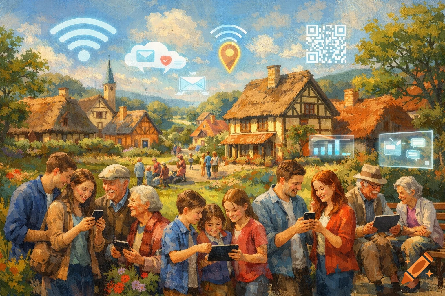 A vibrant painting of a multi-generational village community using digital devices with floating Wi-Fi, QR code, and data symbols.