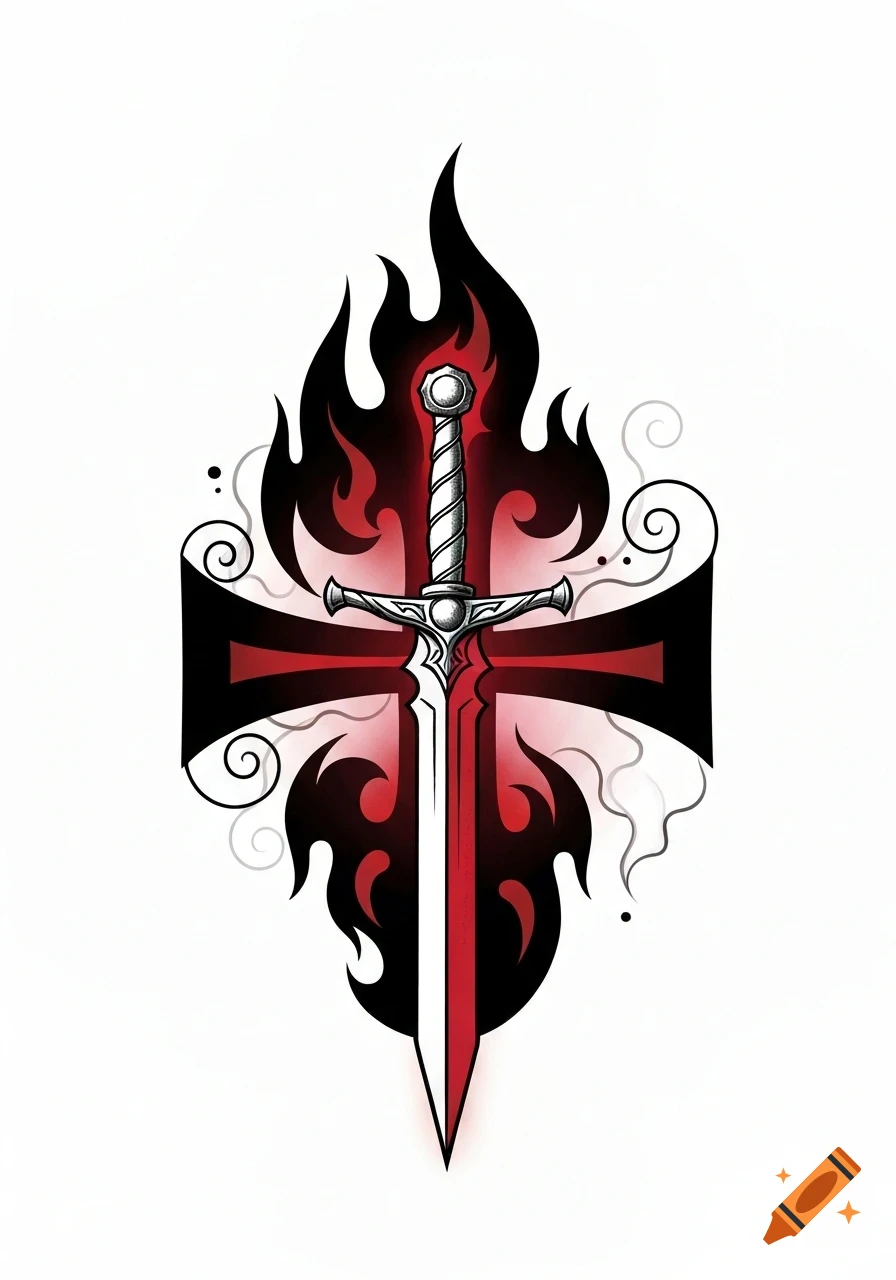 Stylized tattoo art of a silver sword centered on a red and black cross, encircled by black flames and grey decorative wisps.