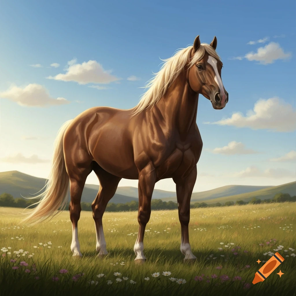 A brown horse with a blonde mane and tail stands in a vibrant green field filled with wildflowers under a blue sky.