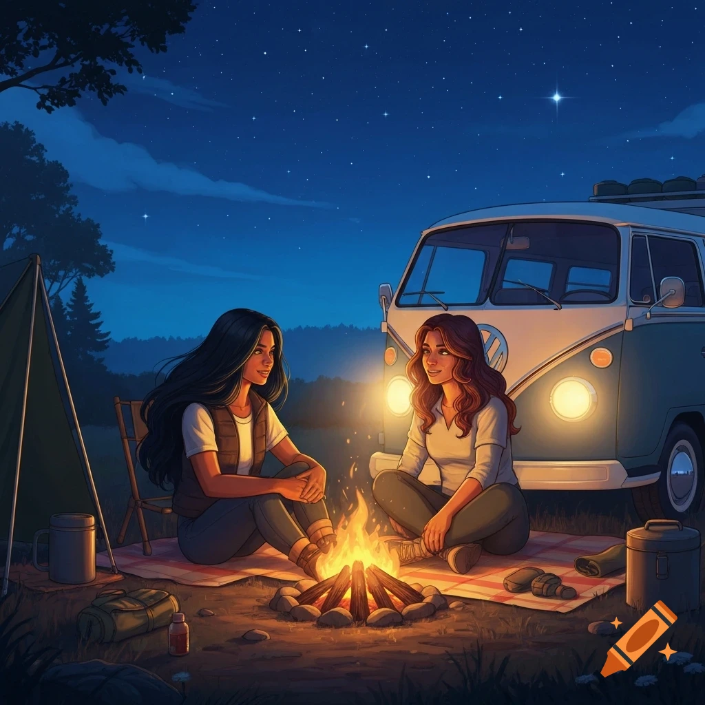 Two women sit by a campfire with a VW bus and tent under a starry night sky, in an illustrated style.