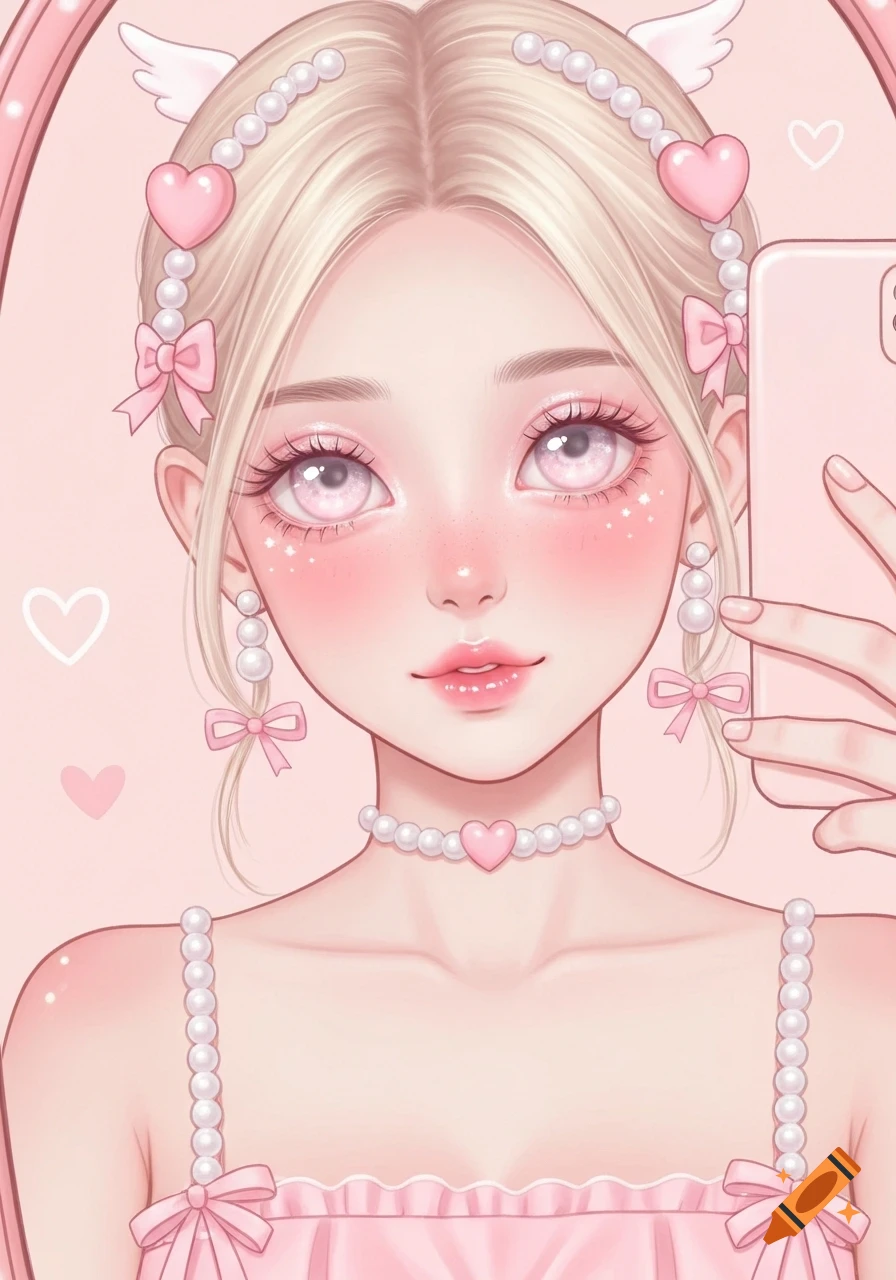 Anime girl with blonde hair, pink hearts, and pearls taking a mirror selfie against a pastel pink background with subtle hearts, in a kawaii illustration style.