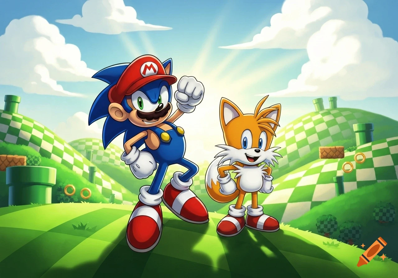 Cartoon illustration of Sonic dressed as Mario striking a pose next to Tails, smiling, in a vibrant Green Hill Zone-like landscape.