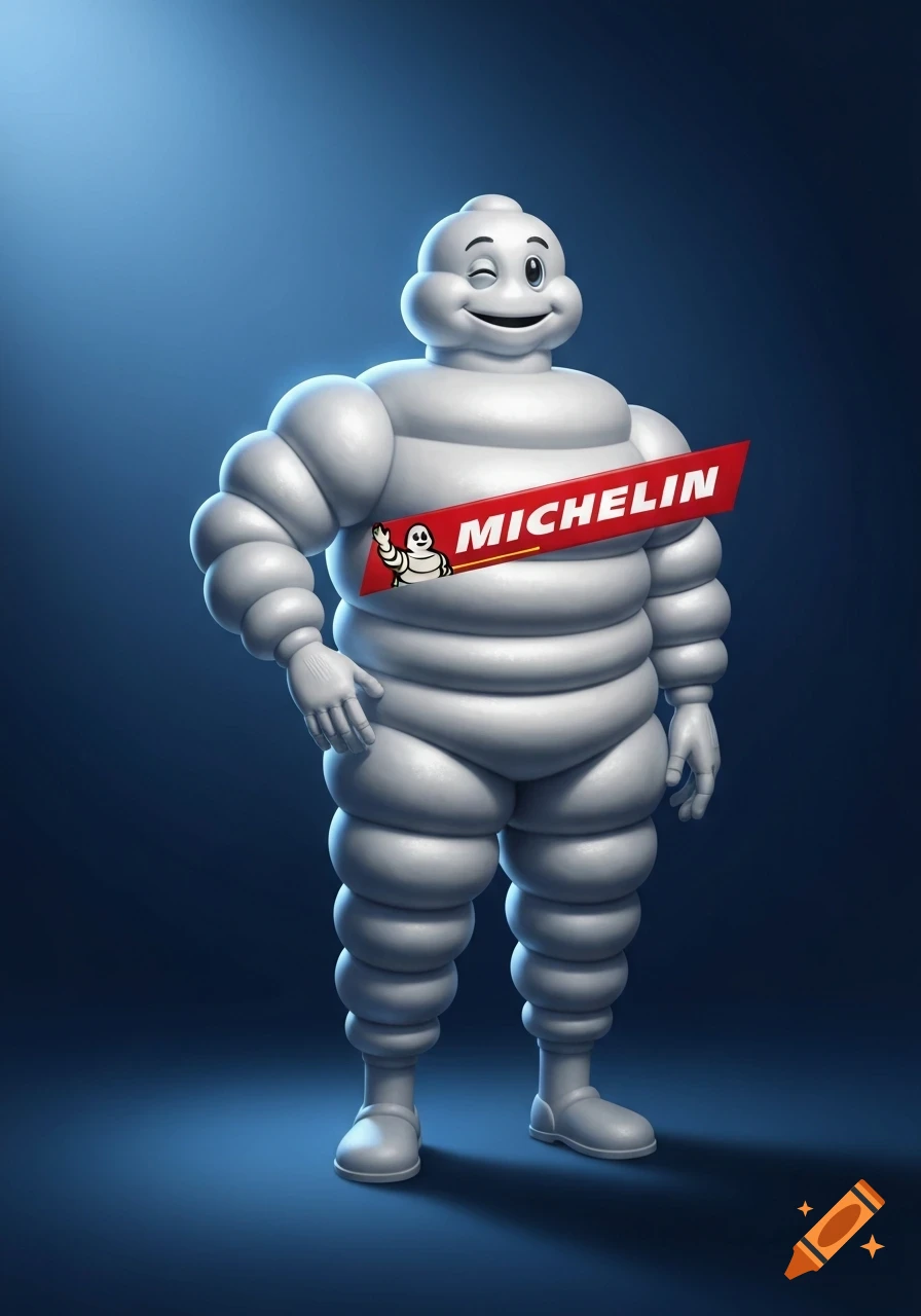 A cheerful, winking Michelin Man in his iconic white tire-like body stands against a blue background, wearing a red 'MICHELIN' banner.