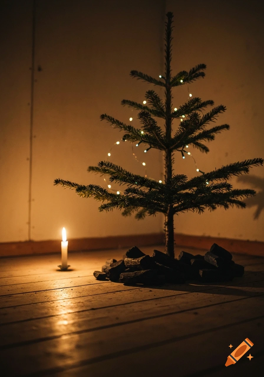 A small Christmas tree with string lights and a lit candle on a wooden floor, with a pile of charcoal beside the tree.
