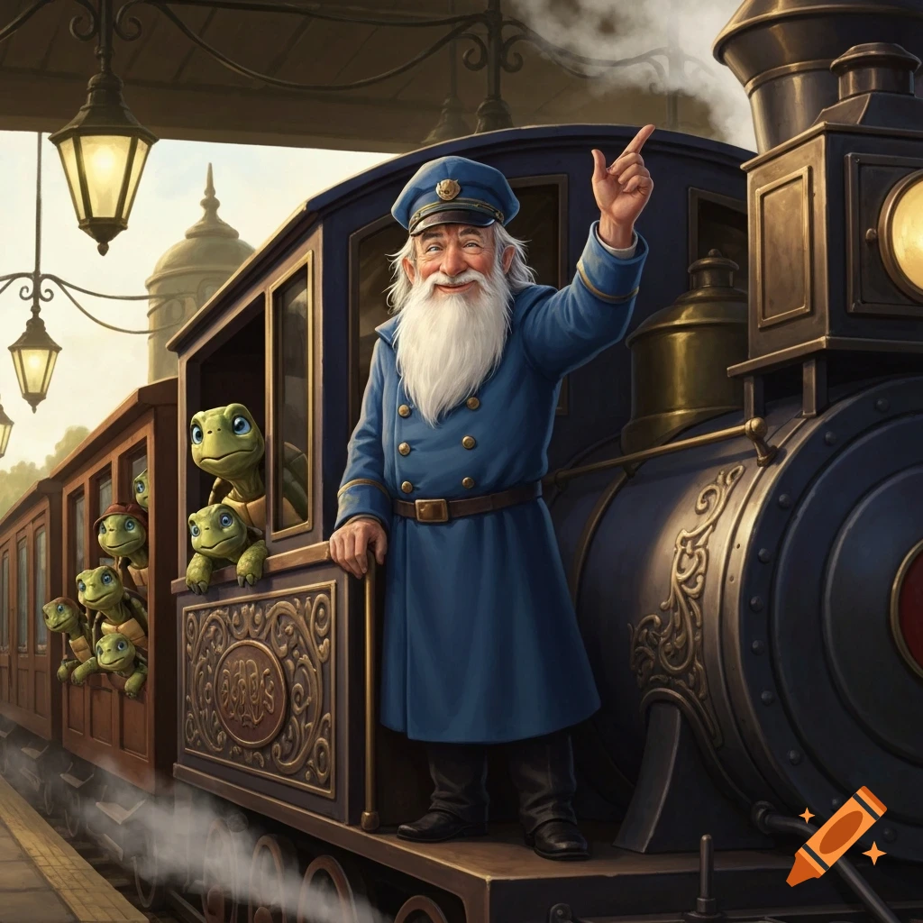 An old man with a long white beard in a blue conductor uniform stands on a train, pointing, with cartoon turtles looking out of passenger windows.