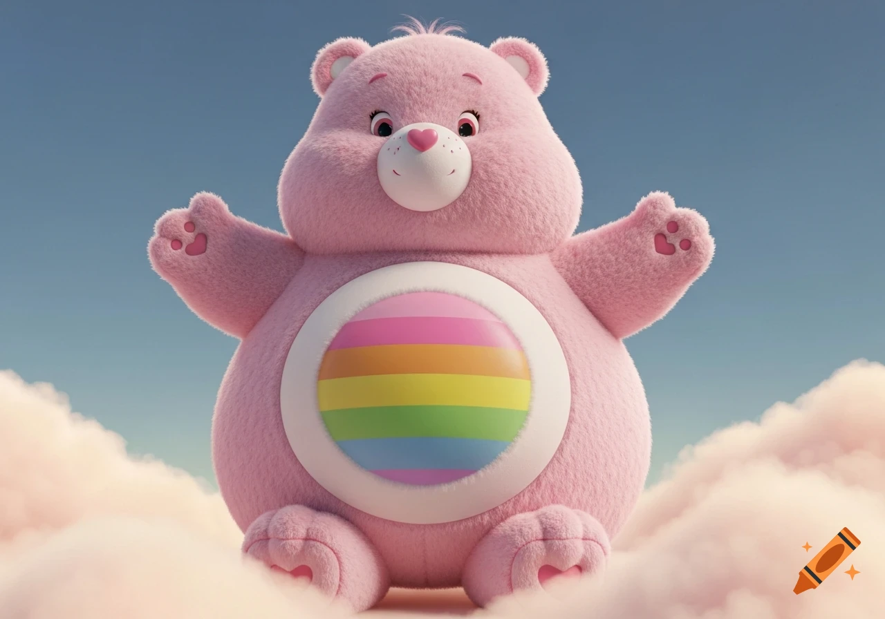 A fluffy, pink Care Bear with a rainbow belly badge sits on pink clouds under a blue sky.