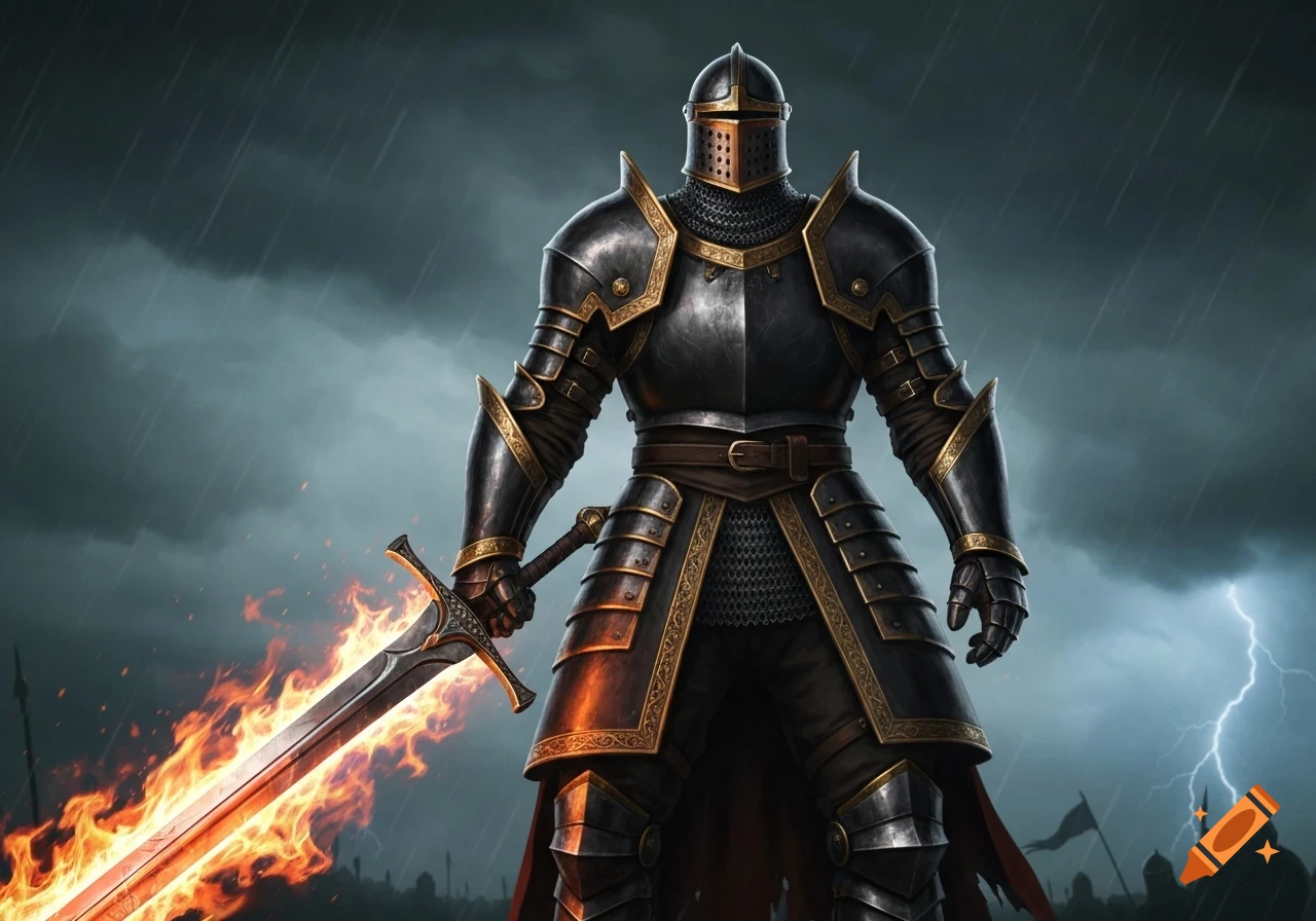A black Teutonic knight in full armor holds a flaming sword under a stormy, rainy sky with lightning.