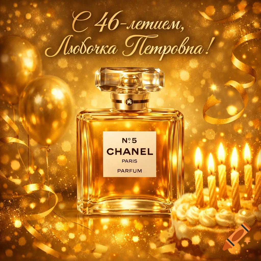 A luxurious gold birthday card featuring a Chanel No. 5 perfume bottle, balloons, a lit cake, and festive ribbons.