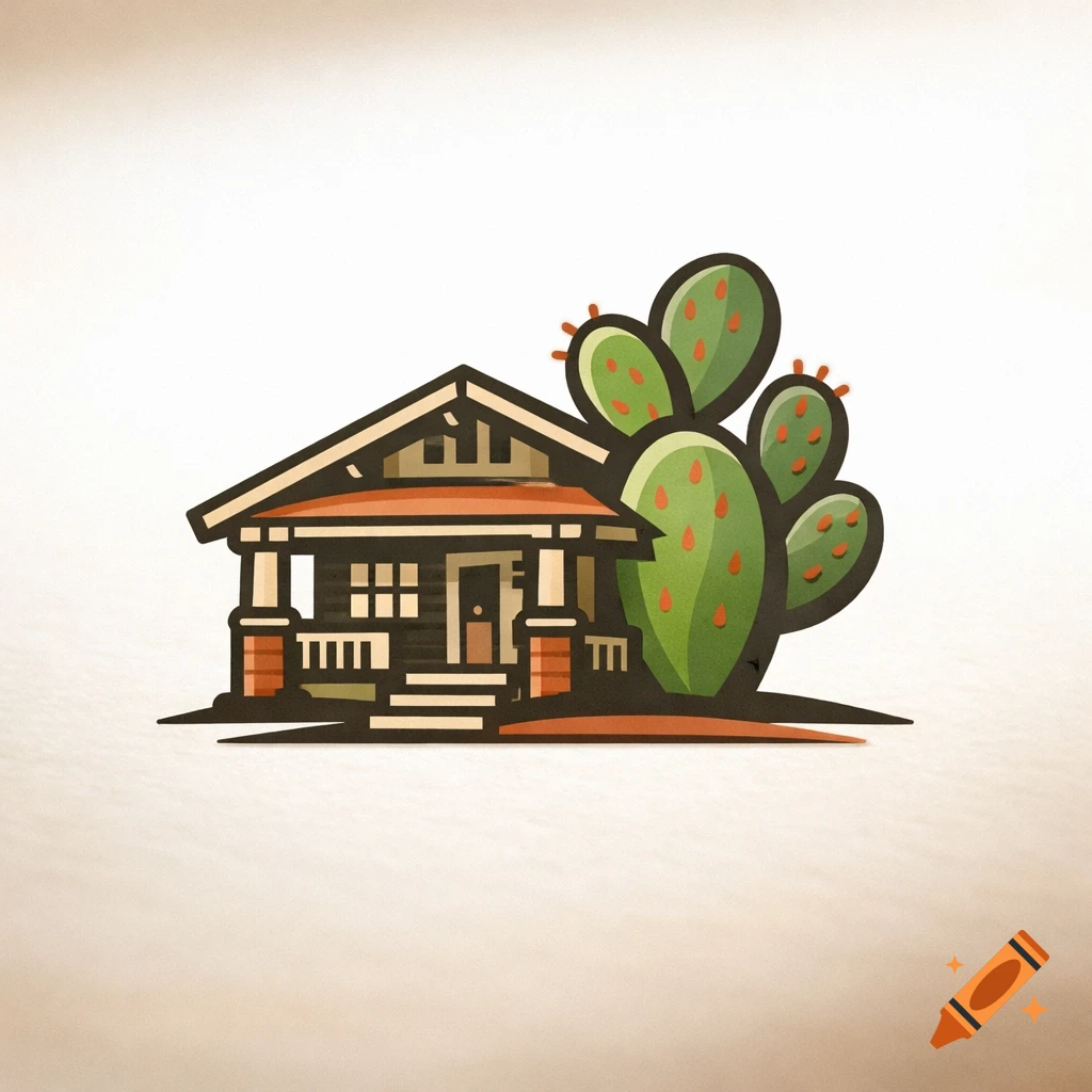 A stylized logo featuring a craftsman-style house next to a prickly pear cactus.