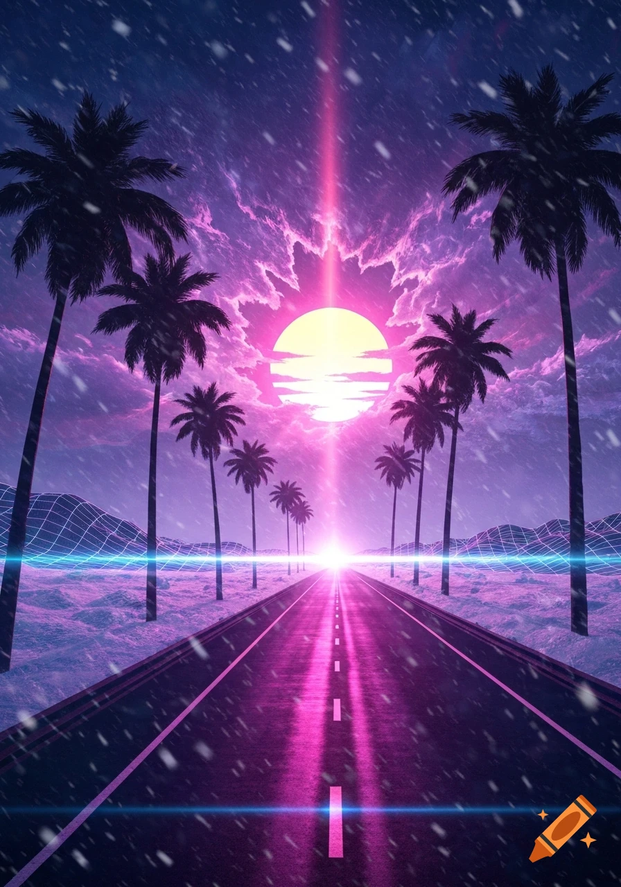 A synthwave road lined with palm trees leads to a glowing setting sun under a purple sky with grid mountains and falling snow.