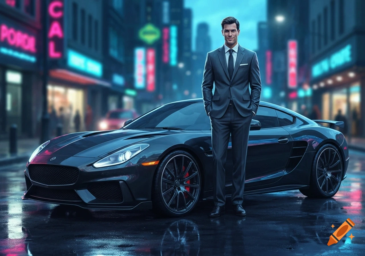 A confident man in a dark suit stands next to a sleek black sports car on a wet, neon-lit city street at night.