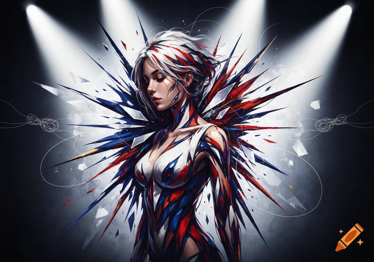 A woman with white hair and red, white, and blue fragmented body art stands under spotlights, against an abstract dark background.