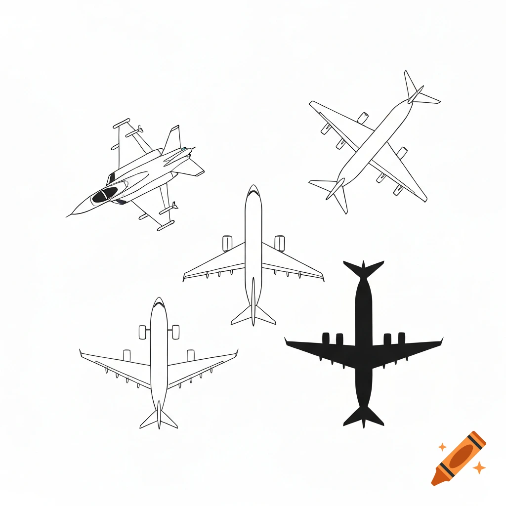 Five vector outlines and one silhouette of various airplanes, including a military jet and passenger planes, seen from a top-down view on a white background.