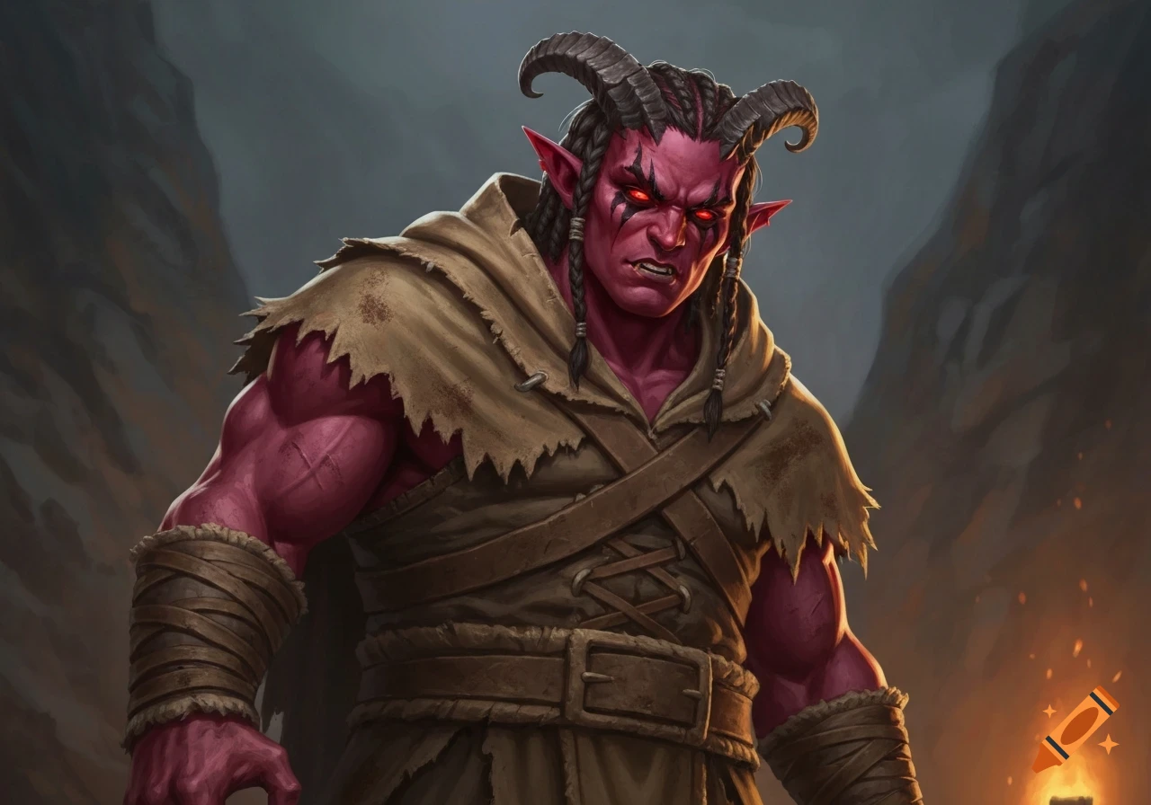 A menacing tiefling barbarian with dark red skin, glowing red eyes, horns, and braids, wearing ragged clothing in a cave-like setting.