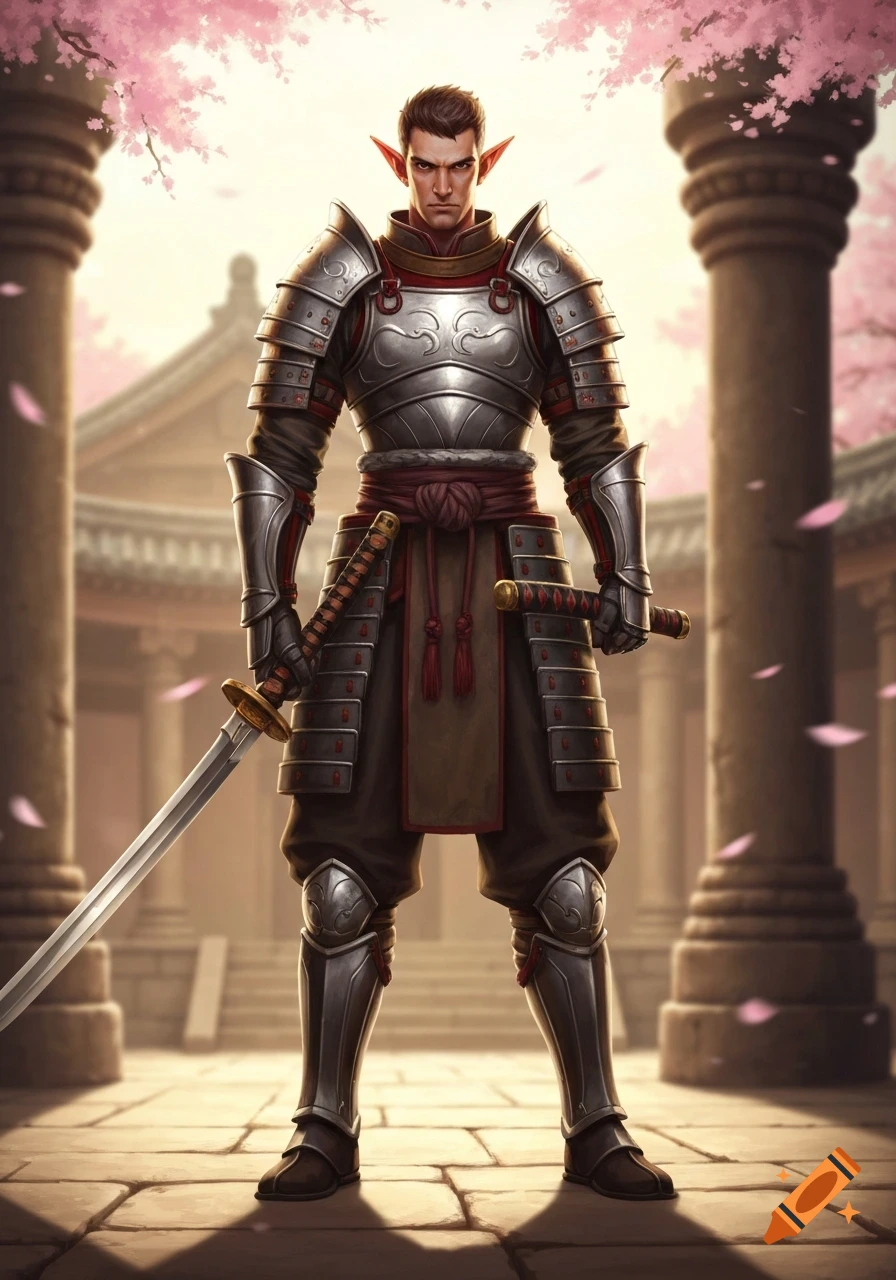 A male half-elf paladin in samurai-style armor holds a katana in a cherry blossom-filled temple courtyard. Digital art.