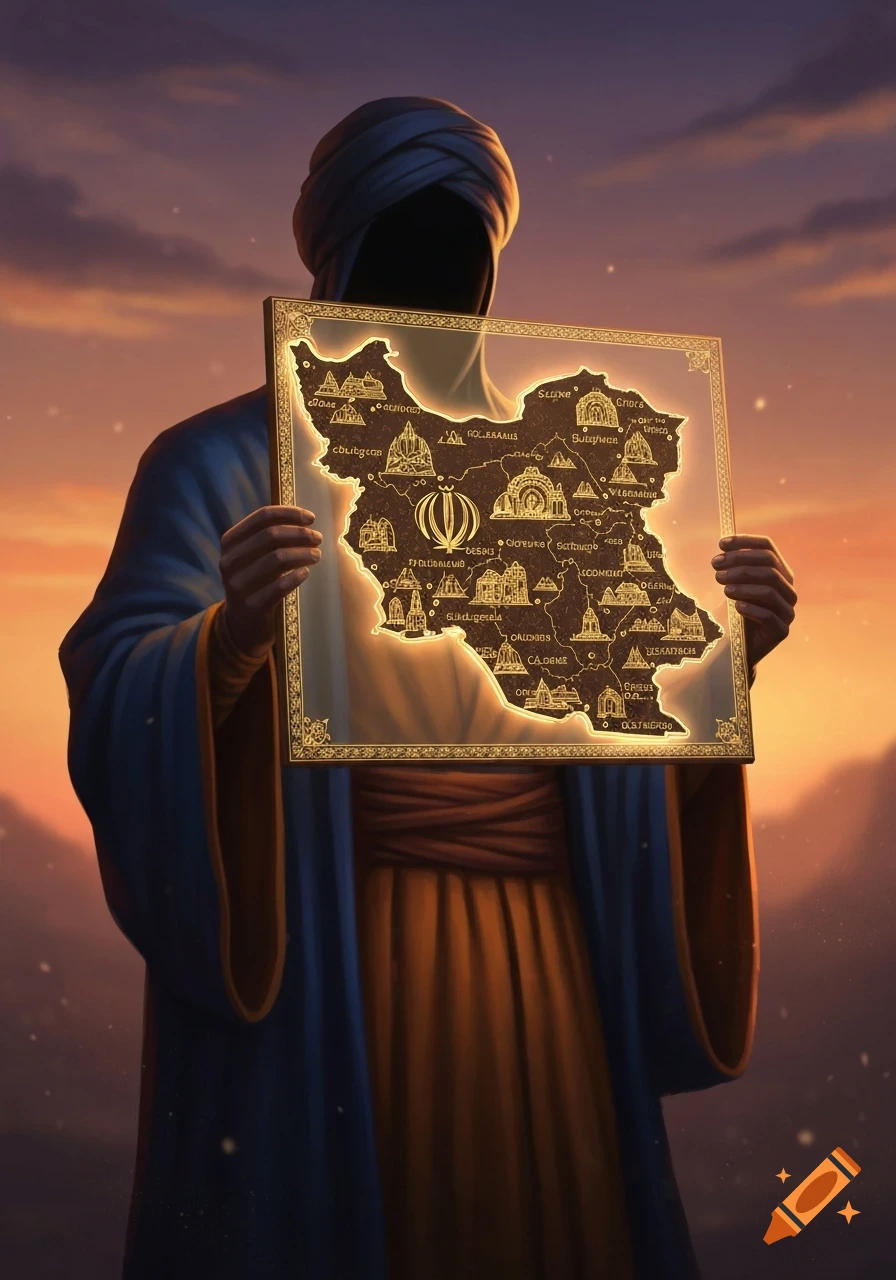 An illustrated robed figure with an obscured face holds a glowing map of Iran against a dramatic sunset sky.