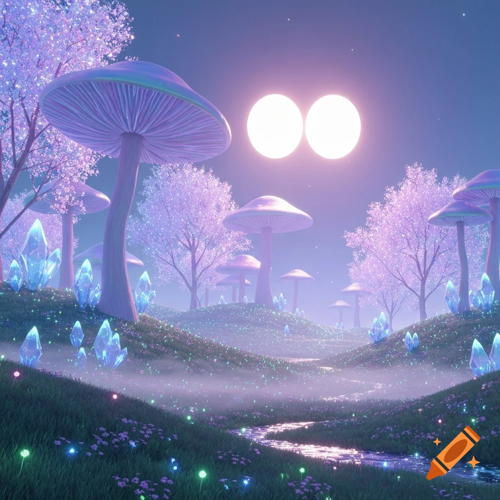 A glowing fantasy landscape with purple mushrooms, pink trees, blue crystals, and a stream under two moons at twilight.