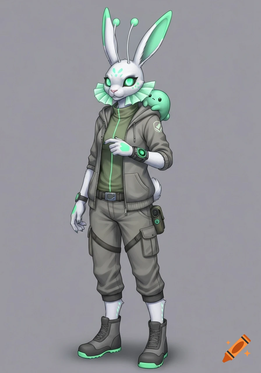 Full body character concept of an anthropomorphic alien rabbit with white fur, mint green glowing accents, and sea-bunny inspired frills, wearing grey tactical clothing, with a small green blob on its shoulder.